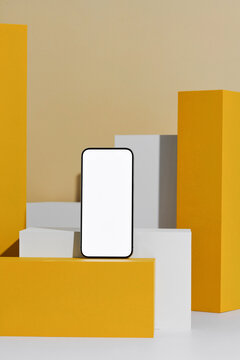 Mockup scene with empty smartphone white screen on stage