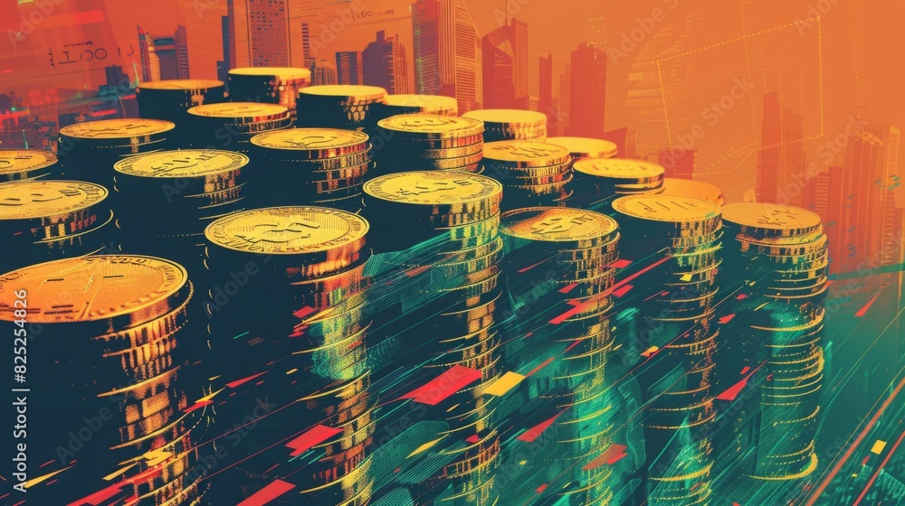 Poster multiple stacks of coins arranged vertically on top of each other.