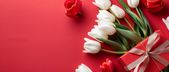 Red and white flowers with a red gift box on a red background.