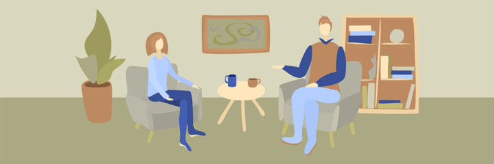 Simple vector drawing of a man in a psychotherapy session with a female therapist in brown and greenish colors