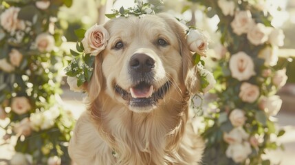 Photo of a golden retriever wearing a daisy flower crown, sitting on a sunny lawn with a bokeh background.