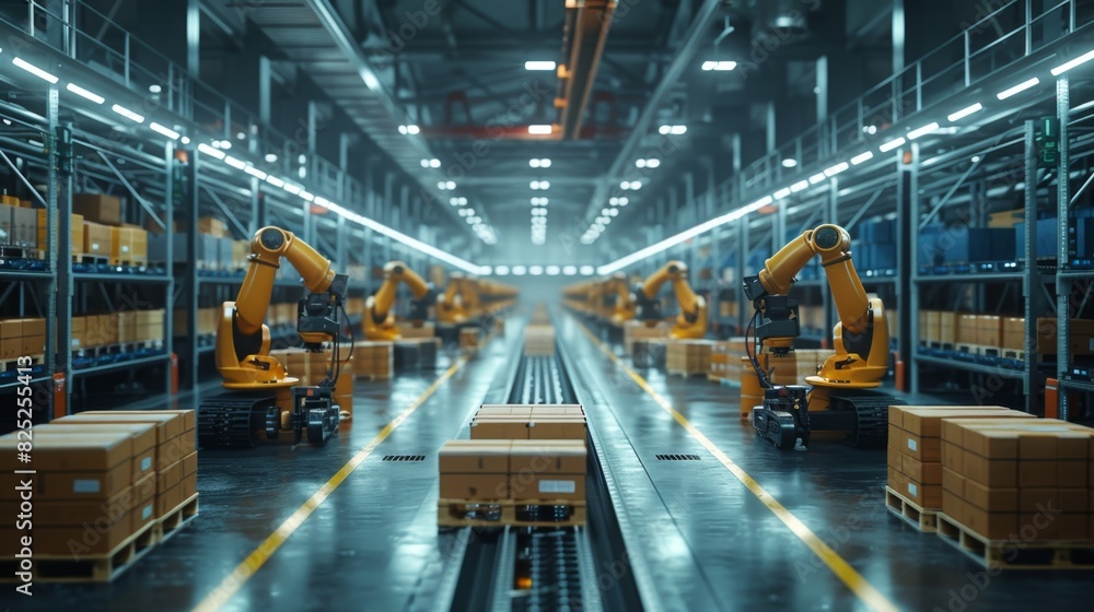 Poster industrial automation, automated robotic arms in warehouse sorting packages, symbolizing industry au