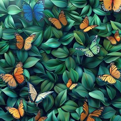 Pattern with 3D green leaves and 3D colorful butterflies on a green background with advertising space. Design for a greeting card, print on fabric, paper, wallpaper. Decor for presentations and sales 