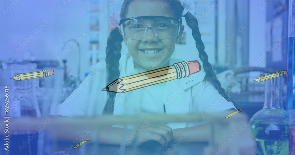 Sticker Image of pencil icons over biracial girl smiling in lab