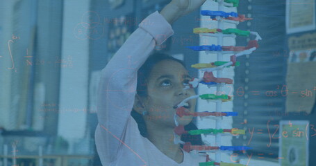 Image of mathematical equations over biracial girl with model in lab