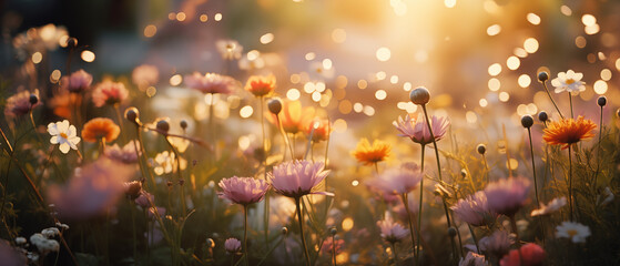 Field of Blooming Flowers at Sunset