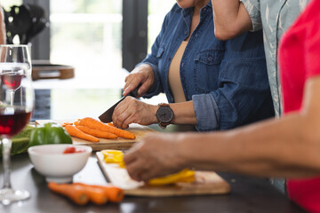 Diverse senior female friends preparing food together at home, one slicing carrots