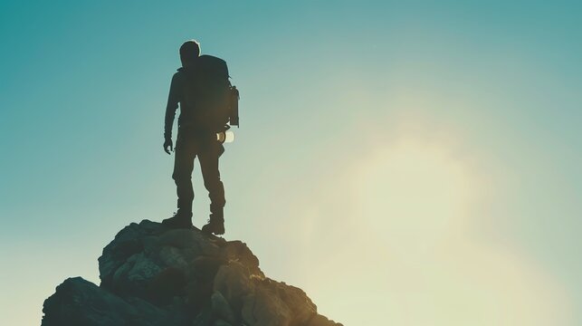 Hiker standing triumphantly on a mountain summit close up, focus on, copy space featuring rugged, natural textures Double exposure silhouette with an adventurous journey
