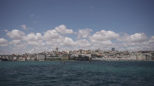 Ships, ferries, boats, historical buildings in the Bosphorus, Istanbul, Turkiye