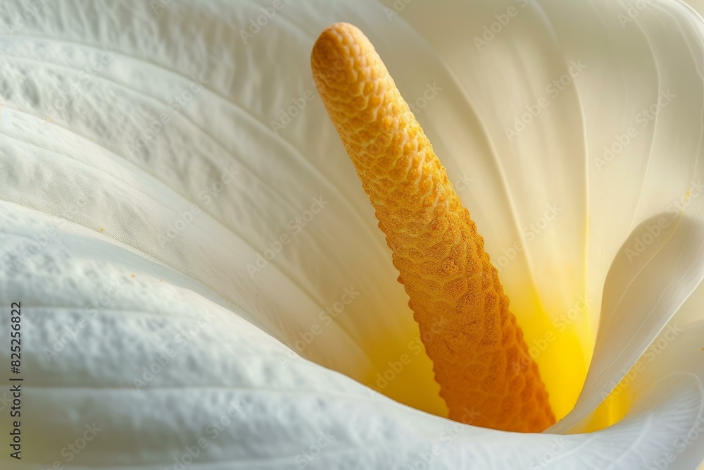 Poster macro image capturing the details of a peace lily spadix against a soft white petal backdrop