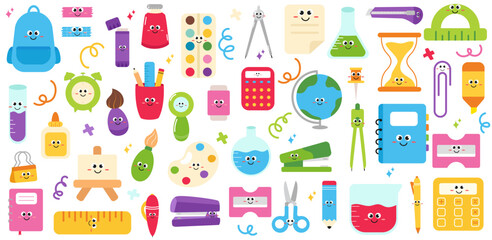 Big set with school stationery characters for kids. School supplies with smiling faces