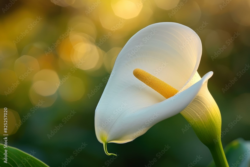 Poster close-up of a white calla lily in soft sunlight with a dreamy bokeh effect