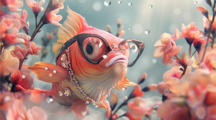 A colorful cartoon illustration of tropical fish swimming in an aquarium surrounded by coral and bubbles
