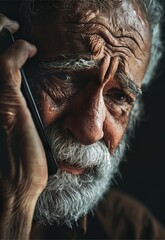 old indian man with beard I'm saddened by listening to the news on the phone. Showing a stressed and distressed expression