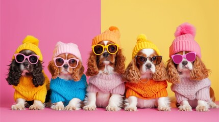 Group of dogs pose for photos wearing fashionable shirts and hats and wearing colorful glasses, cute and bright.
