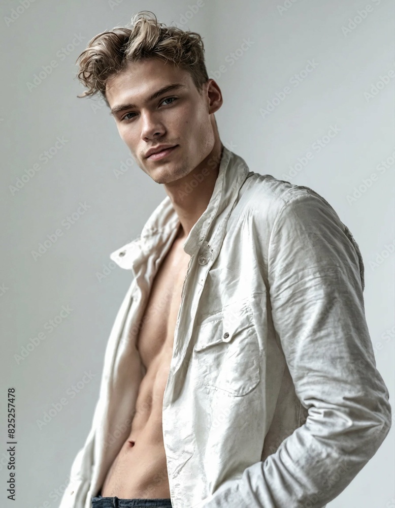 Poster portrait of a fit model man on simple background