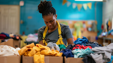 Female Volunteer Organizing Donation Boxes at Community Center