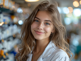 A smiling young woman stands confidently in the pharmacy, providing excellent service with a focus on health care