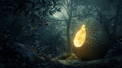 Golden egg glowing in a dark forest for fantasy or holiday designs
