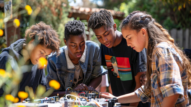 A diverse group of young students engage in an outdoor science workshop