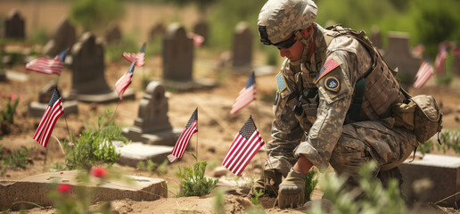 hands placing flowers on a soldier's grave in a military cemetery on Memorial Day