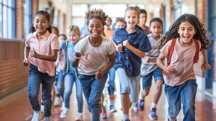 Obraz premium Group of diverse children running joyfully down a vibrant corridor, with bright orange walls, exuding excitement and energy. Back to school concept