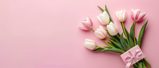 Pink tulips bouquet on a pink background.