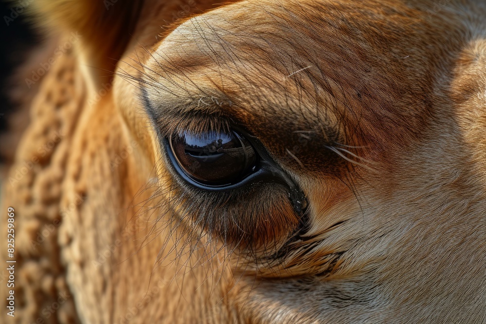 Poster detailed macro shot capturing the reflective eye and fur patterns of a giraffe