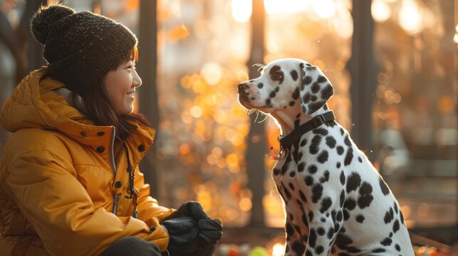 dog training session, an asian dog trainer patiently instructs a playful dalmatian puppy in a bright, toy-filled dog training facility with large windows