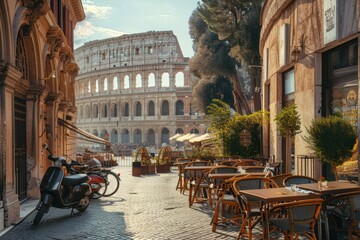 Obraz premium A busy street with a large building in the background