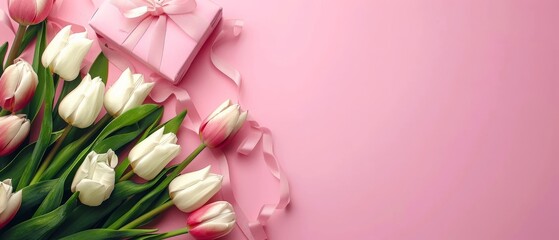 Pink tulips and a gift on a pink background. pink tulips on a white background Mother's Day concept. Top view photo of bouquet of white and pink tulips on isolated pastel pink background 