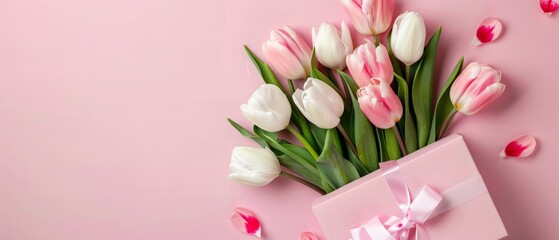 A bouquet of pink and white tulips in a pink gift box on a pink background. pink tulips on a white background Mother's Day concept. Top view photo of bouquet of white and pink tulips on isolated paste