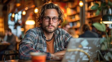 remote workspaces, a white man concentrating on a remote project in a busy co-working space with diverse professionals in the backdrop, showcasing a modern, vibrant, and collaborative environment