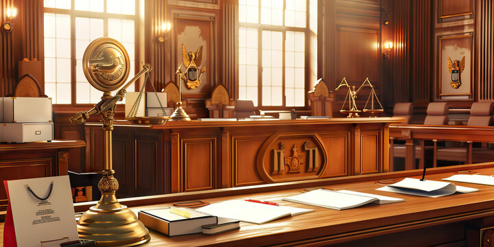 A traditional Lawyer courtroom in america wooden desk. 
