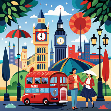 oil painting on canvas, street view of london. Artwork. Big ben. man and woman under a red umbrella, bus and road. Tree. England