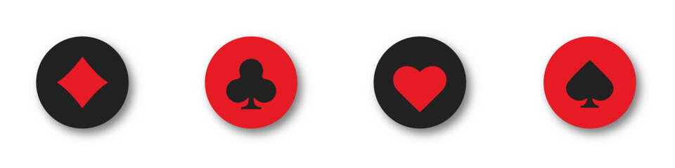 Hearts, clubs, diamonds and spades chips on an isolated white background. Set collection gambling sign symbol of playing card suits and chips for poker and casino.