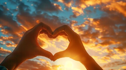 A close-up of two hands making a heart shape against a sunrise, with a blank space in the sky for text,