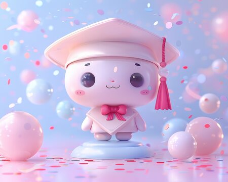 Adorable figurine wearing a graduation cap amidst confetti and balloons, symbolizing celebration, achievement, and joy.
