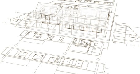 house architectural project sketch 3d illustration	
