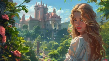 A beautiful woman with a sweet smile, standing in front of a historic castle with lush greenery...