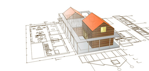 house architectural project sketch 3d illustration	
