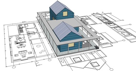 house architectural project sketch 3d illustration	
