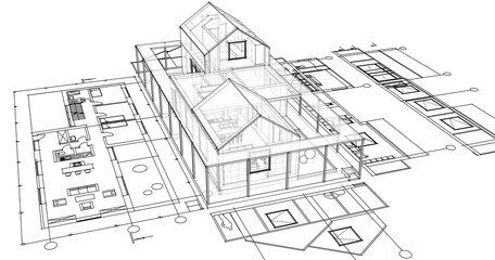 Naklejka premium house architectural project sketch 3d illustration 