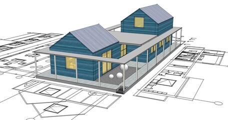 house architectural project sketch 3d illustration	
