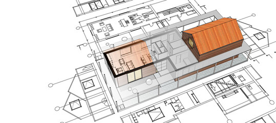 house architectural project sketch 3d illustration	
