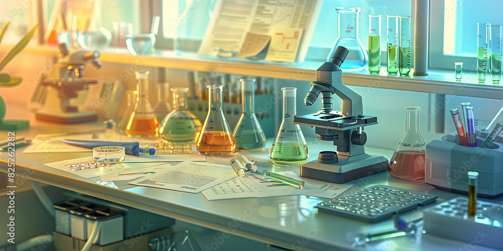 Poster a scientist's laboratory: a lab bench with beakers, microscopes, and test tubes, surrounded by chart