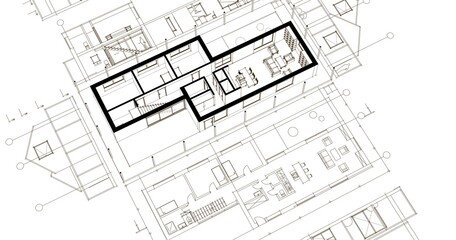 house architectural project sketch 3d illustration	
