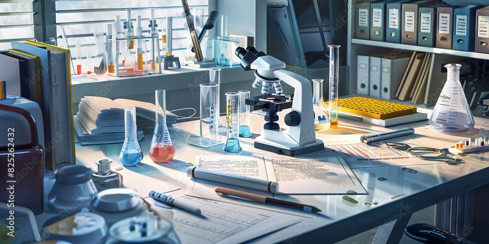 Poster a scientist's laboratory: a lab bench with beakers, microscopes, and test tubes, surrounded by chart
