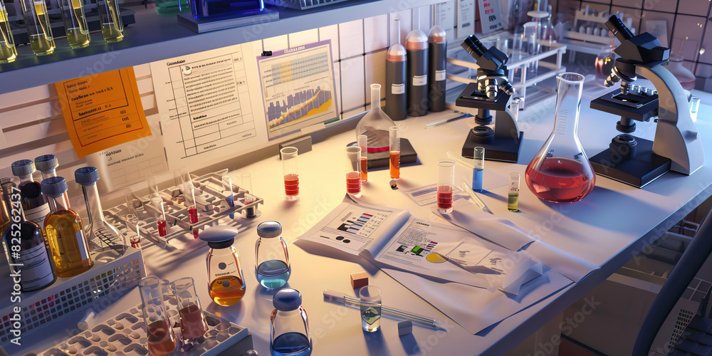 Poster a scientist's laboratory: a lab bench with beakers, microscopes, and test tubes, surrounded by chart
