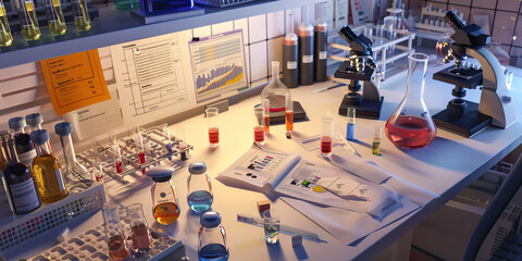A scientist's laboratory: A lab bench with beakers, microscopes, and test tubes, surrounded by charts and notes, emphasizing the meticulous work of a scientist